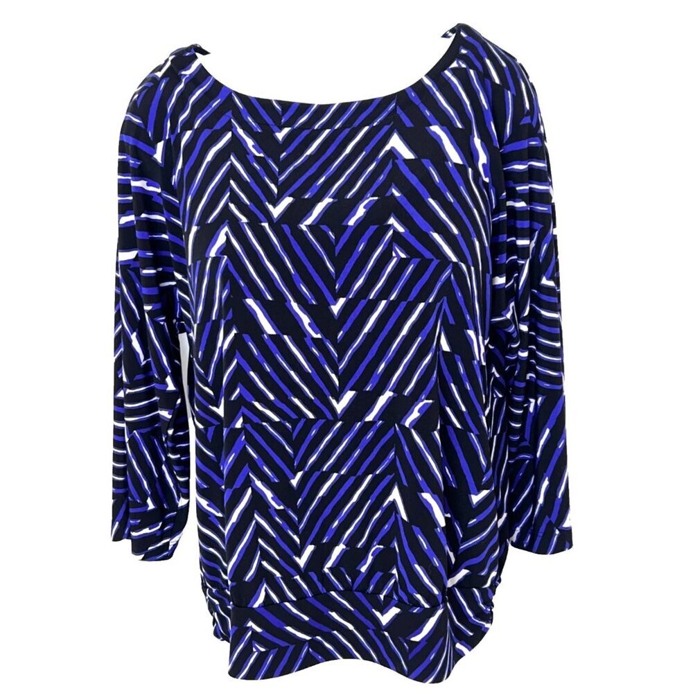 Chico's Women's S Blouse Black, Blue, White Boat Neck Banded Hem 3/4 Sleeve